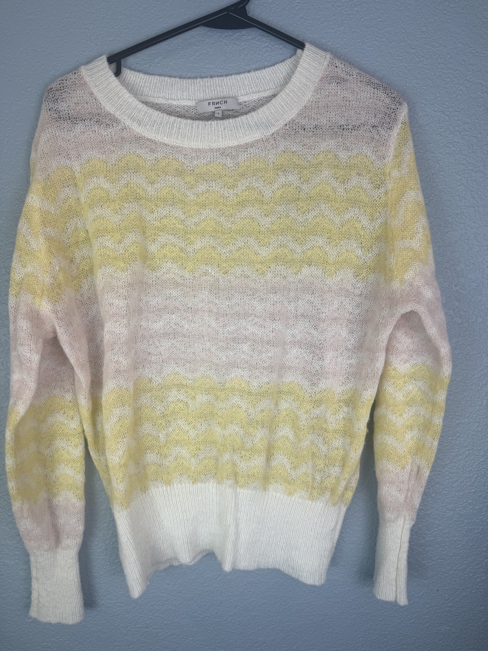 FRNCH Paris Sweater Womens Small Yellow Pink White Chevron Knit Pullover Soft - Picture 1 of 9